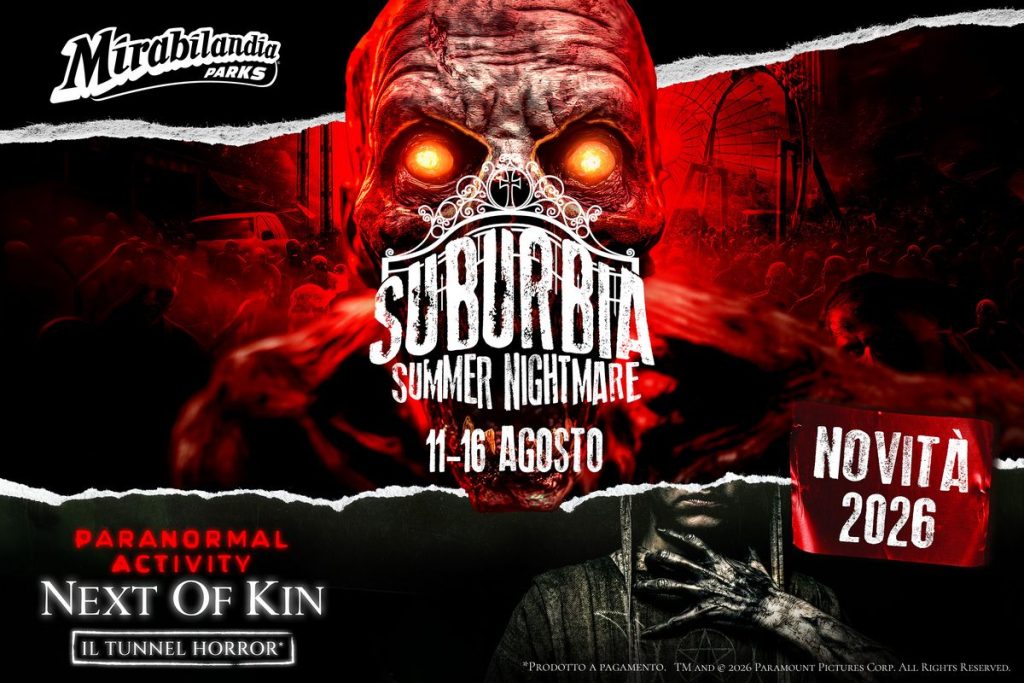 Locandina per l'evento di Halloween estivo Suburbia Summer Nightmare 2026 al parco Mirabilandia Ravenna